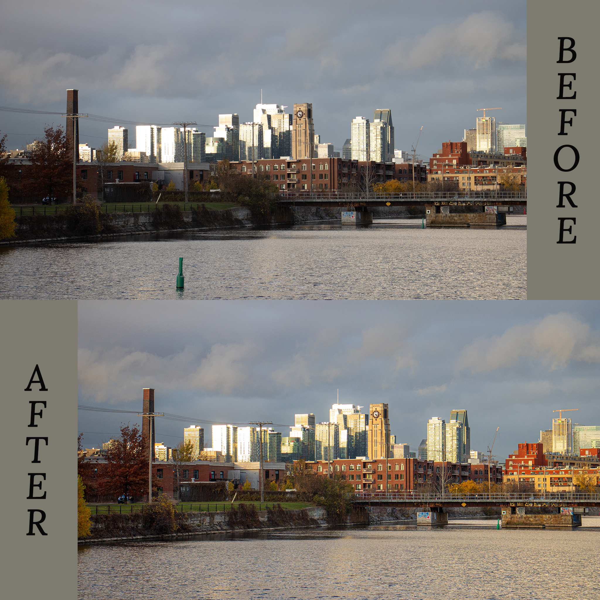 An image of Canal Lachine with a before and after image editing.